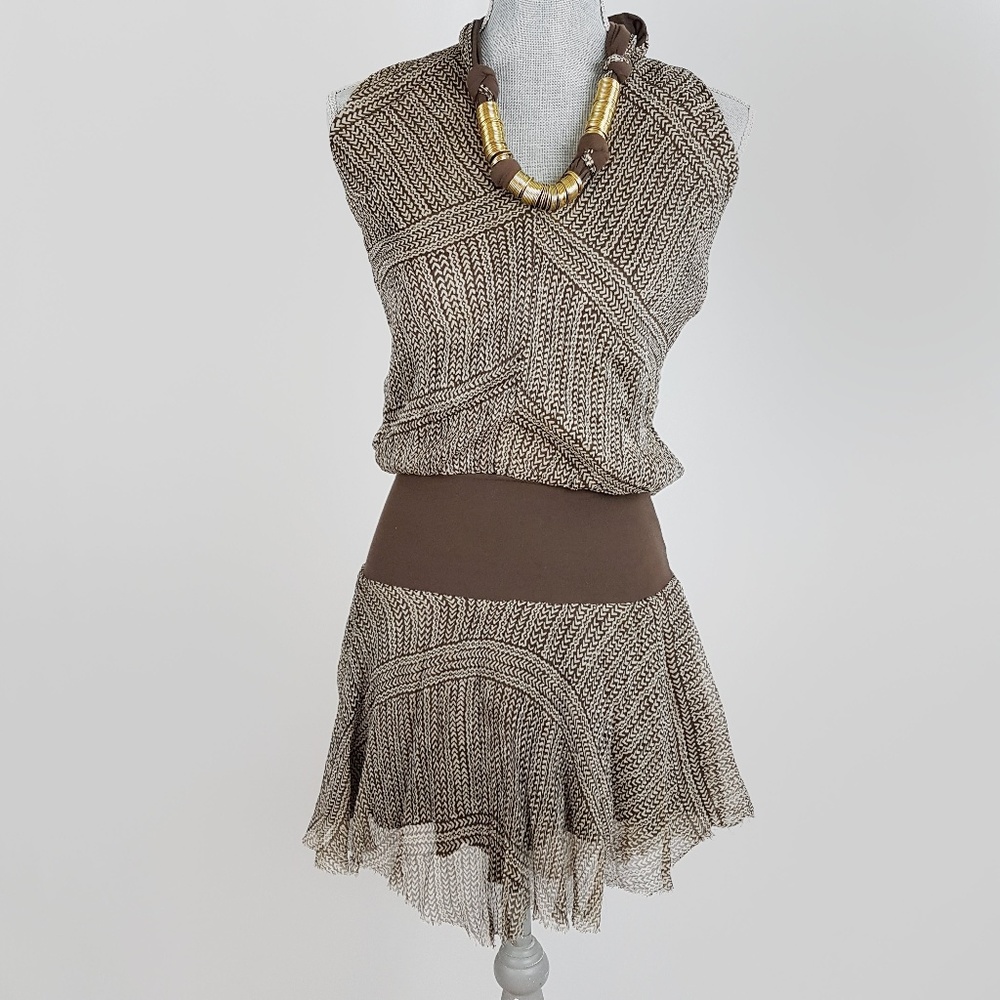 Brown Chiffon Sleeveless Top Dress w/Necklace XS